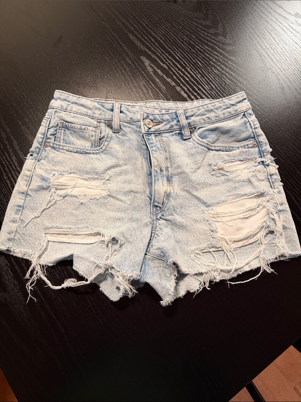 american eagle High-Rise Light Blue Distressed Denim Shorts for Women